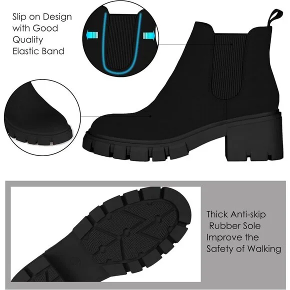 Women's Chelsea Boots Fashion Lug Sole Chunky Heel Slip on Ankle Booties Black S - Picture 4 of 6
